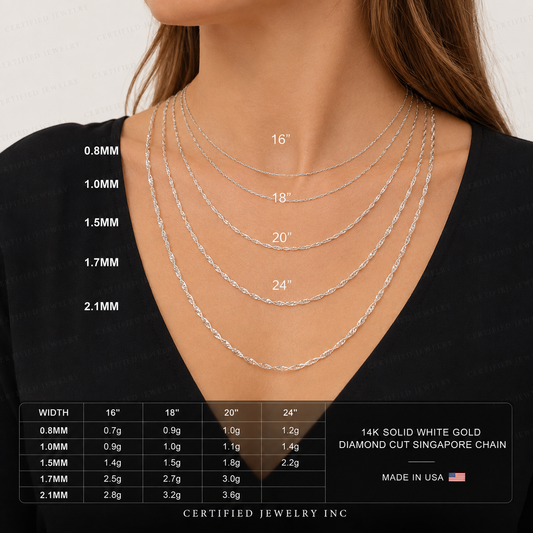 14K Solid White Gold Diamond Cut Singapore Chain Necklace 1.5mm 2.2mm