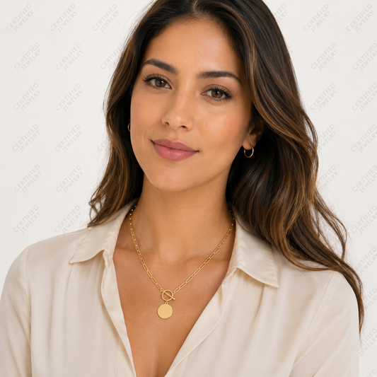 14K Yellow Gold Paperclip Chain Necklace Round Disc Charm Toggle Clasp 18"
