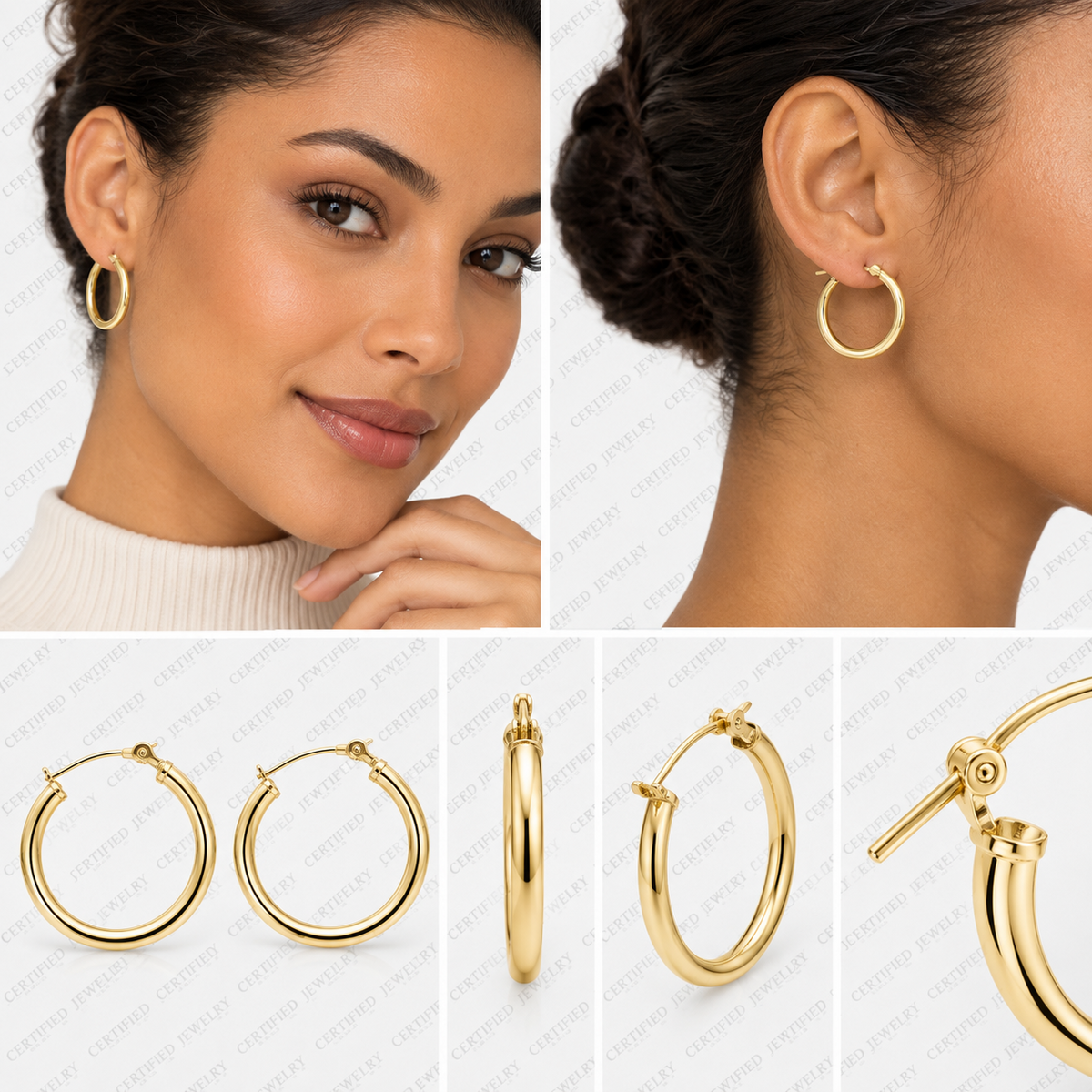 14K Solid Gold Classic Hoop Earrings 20MM 2MM Clip On Hypoallergenic