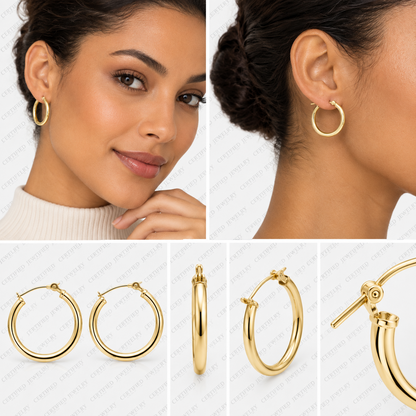 14K Solid Gold Classic Hoop Earrings 20MM 2MM Clip On Hypoallergenic