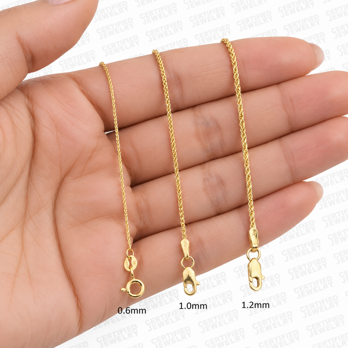 14K Solid Yellow Gold Diamond Cut Round Wheat Chain Necklace 0.6MM 1.2MM