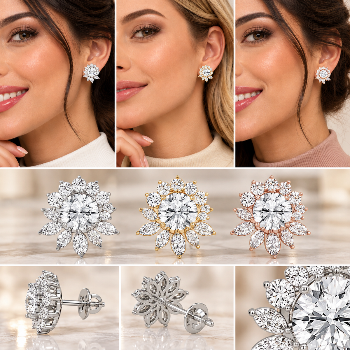 5CT Lab Grown Diamond Floral Cluster Stud Earrings 14K Gold Green Glam