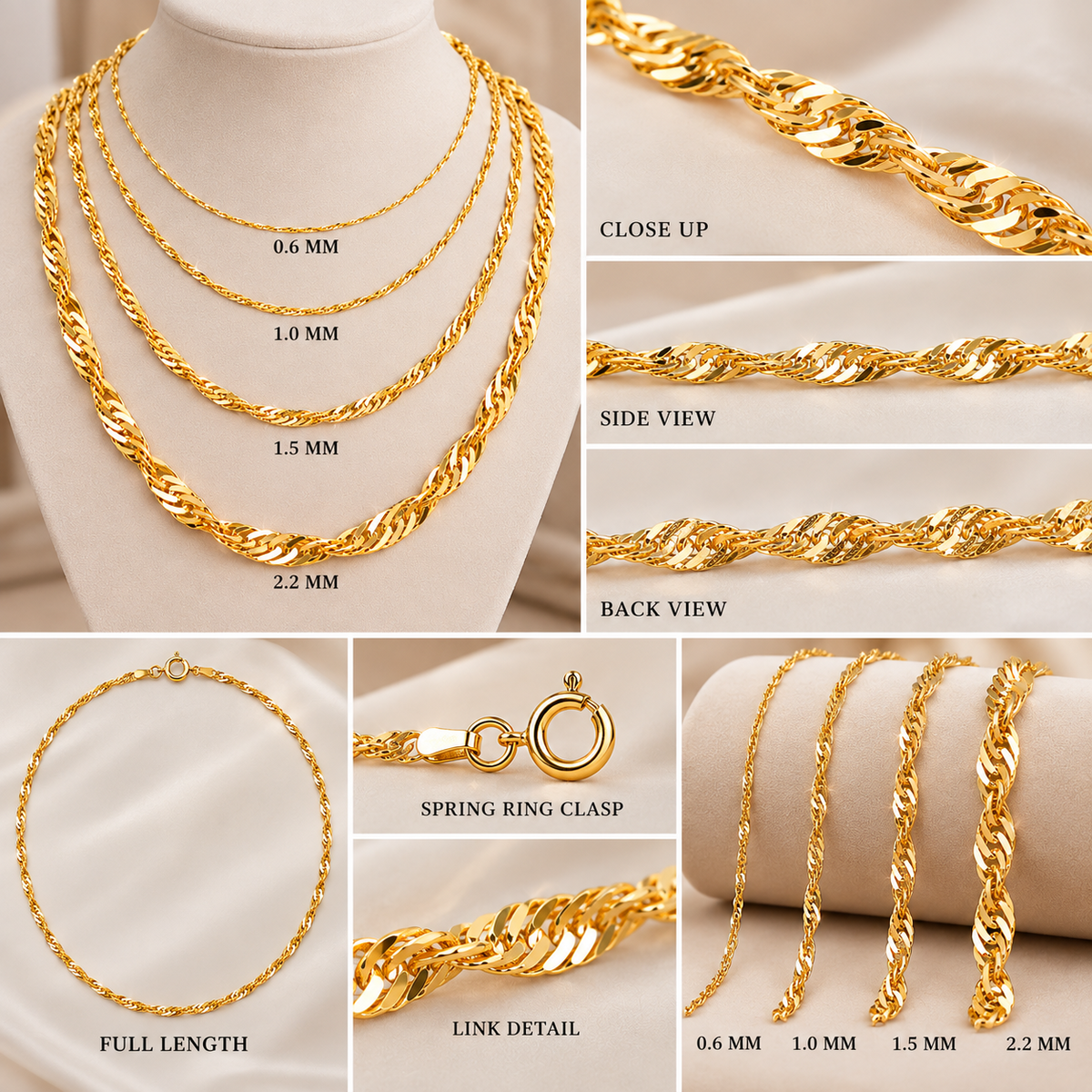 10K Solid Yellow Gold Singapore Chain Necklace 0.8MM 2.2MM Pendant Chain