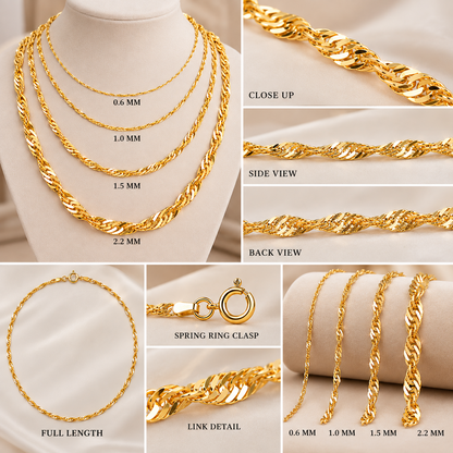 10K Solid Yellow Gold Singapore Chain Necklace 0.8MM 2.2MM Pendant Chain