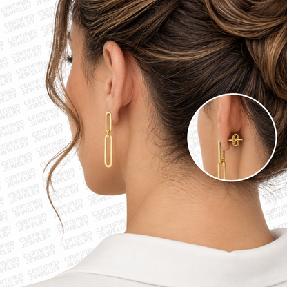 14K Solid Yellow Gold Paper Clip Drop Dangle Earrings Polished Push Back