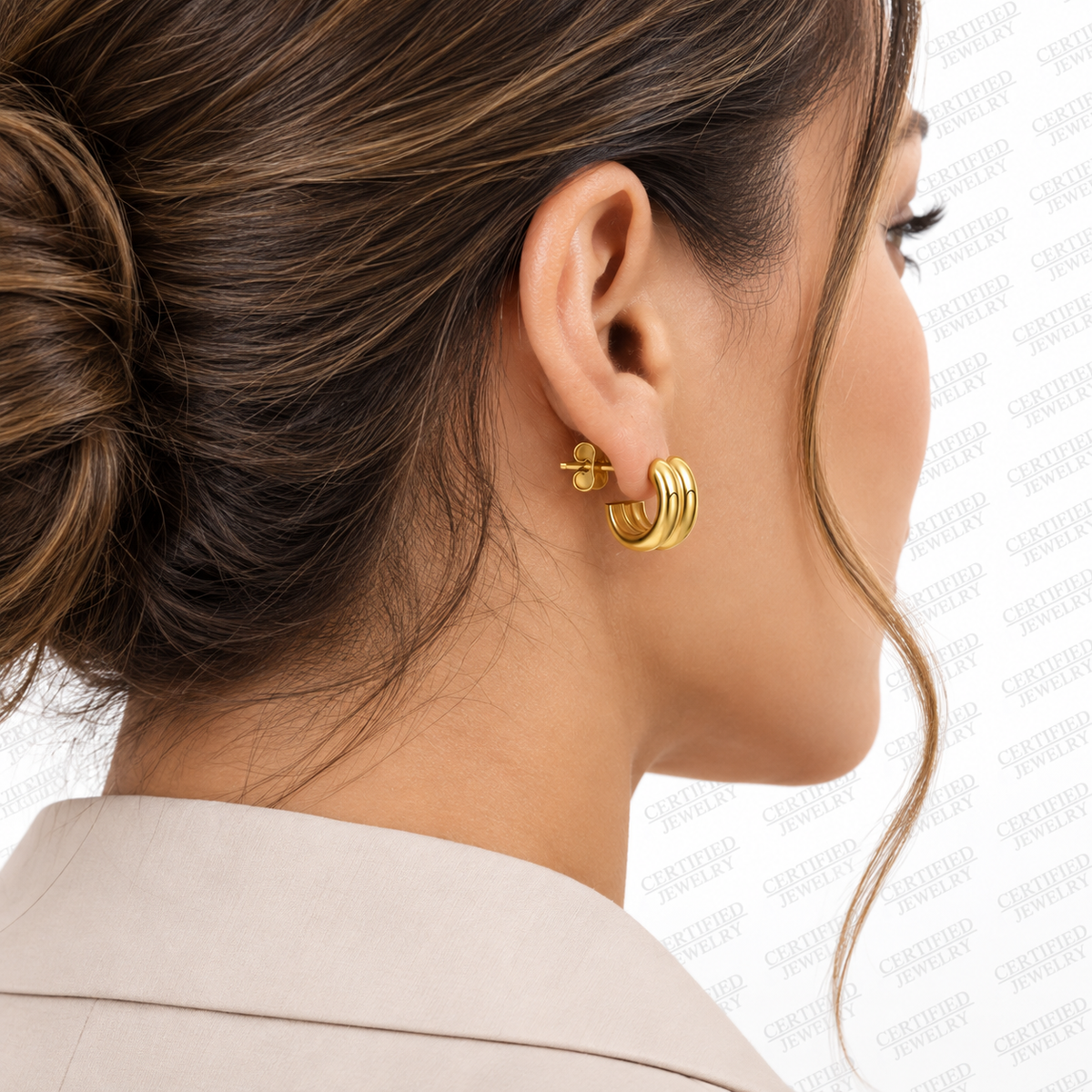 14K Solid Yellow Gold Puffed Double Row C Hoop Earrings Push Back Polished