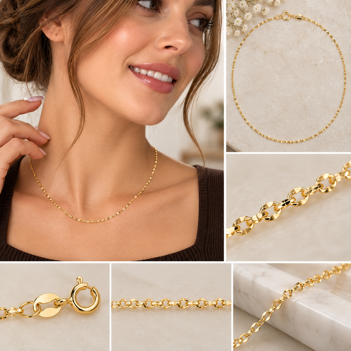 14K Solid Yellow Gold Diamond Cut Cable Link Chain Necklace 0.6MM 1.1MM