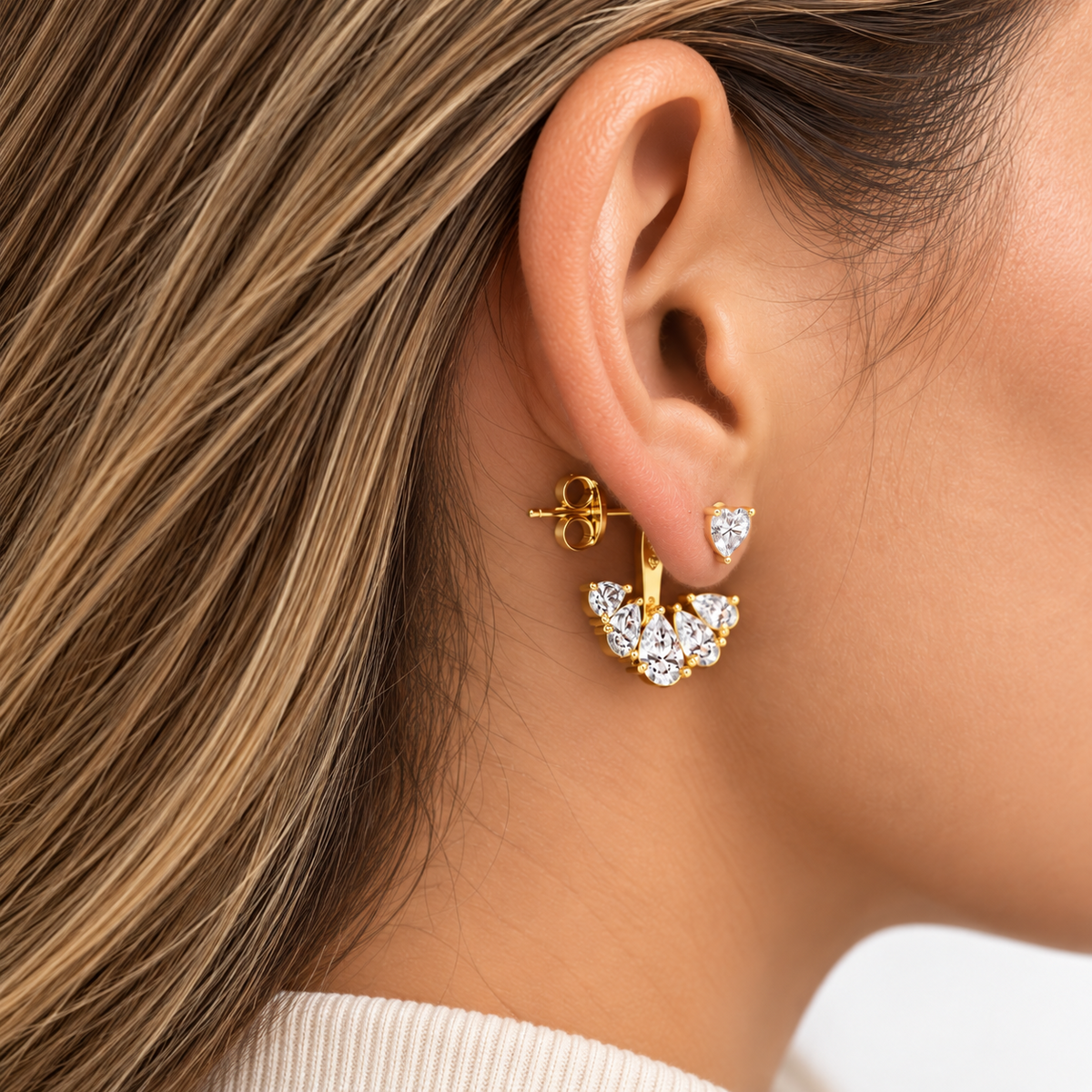 4CT Lab Grown Heart Pear Diamond Ear Jackets 14K Gold Green Glam