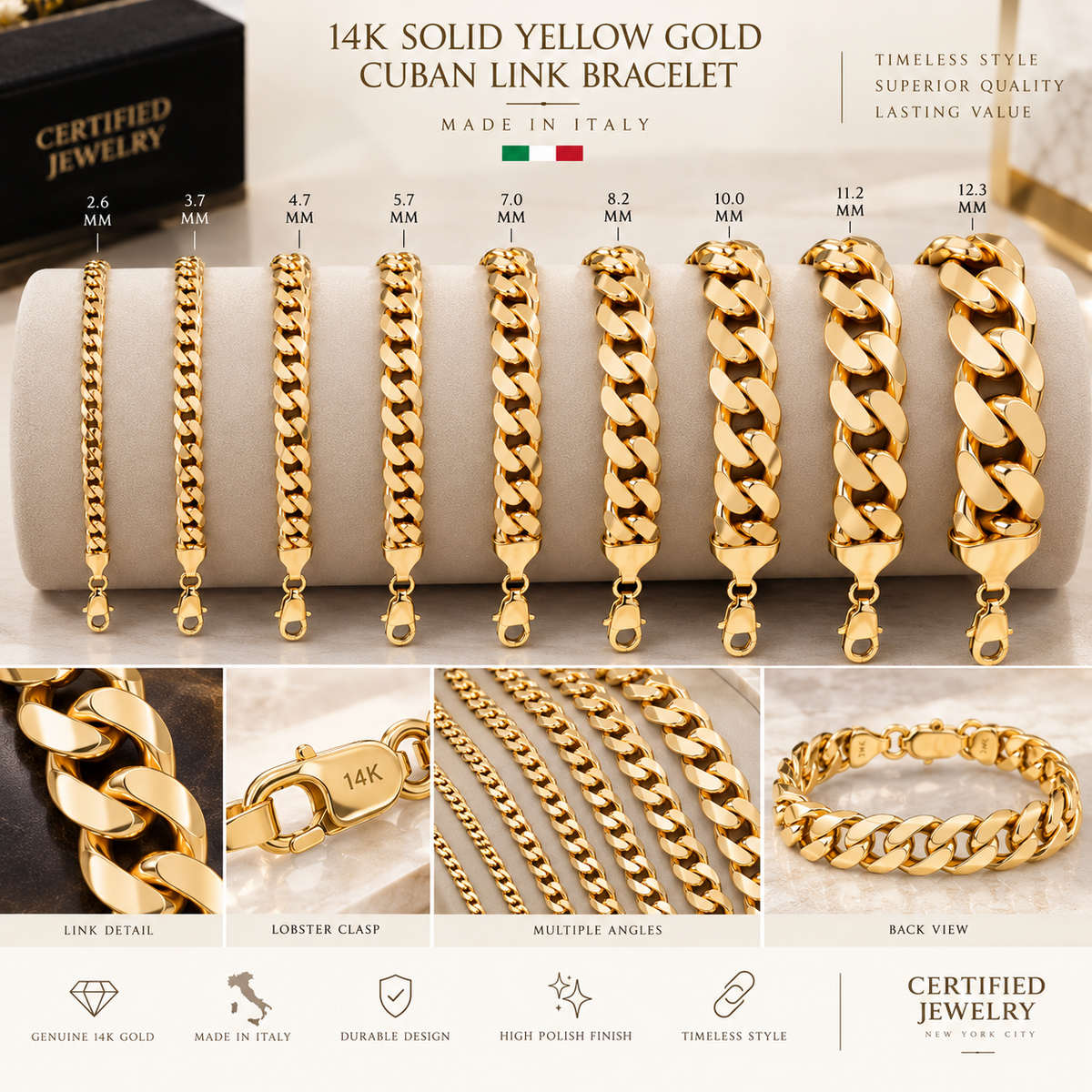 14K Solid Yellow Gold Cuban Link Bracelet 2.6MM 12.3MM Italy Made Curb