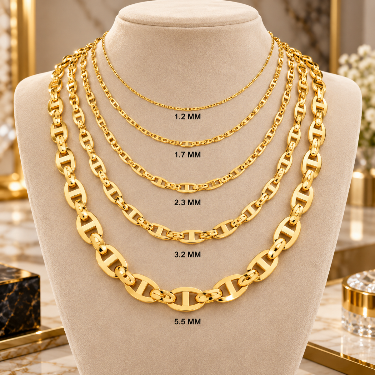 10K Solid Yellow Gold Mariner Chain Necklace 1.2MM 5.5MM Lobster Clasp