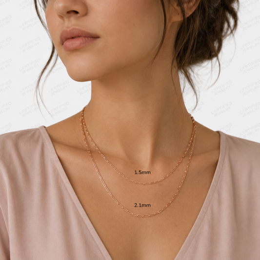 Solid 14K Rose Gold Paperclip Chain Necklace 1.5mm 2.1mm Lobster Clasp