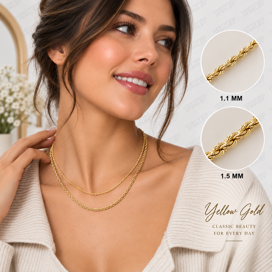 14K Solid Gold Sparkle Rope Chain Necklace 1.1MM 1.5MM Yellow White Gold