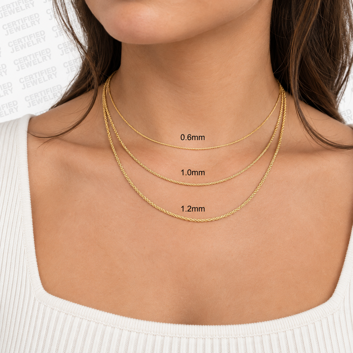 14K Solid Yellow Gold Diamond Cut Round Wheat Chain Necklace 0.6MM 1.2MM