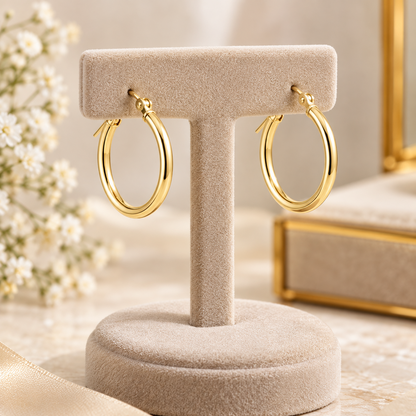 14K Solid Gold Classic Hoop Earrings 20MM 2MM Clip On Hypoallergenic