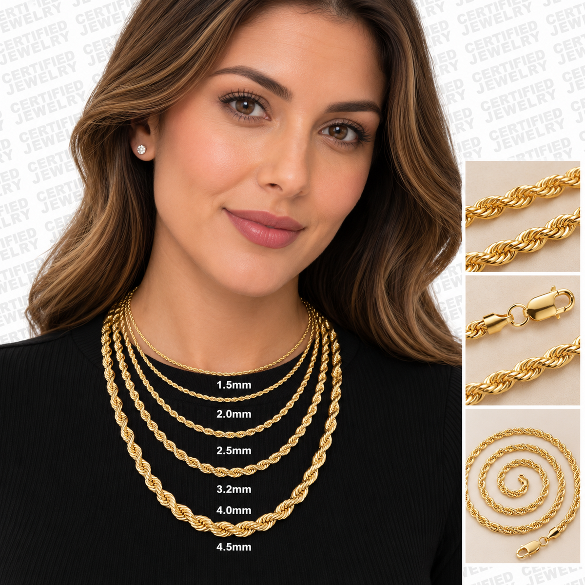 14K Solid Yellow Gold Rope Chain Necklace 1.5mm 5mm Lobster Clasp