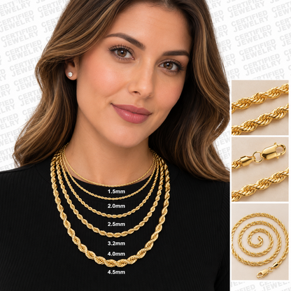 14K Solid Yellow Gold Rope Chain Necklace 1.5mm 5mm Lobster Clasp