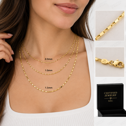 14K Solid Yellow Gold Lumina Bar Chain Necklace 0.9mm 1.5mm Lobster Clasp
