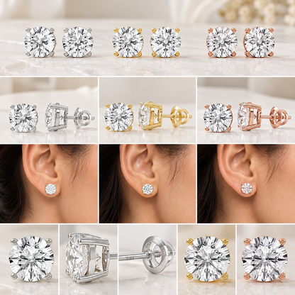 4CT Round Lab Grown Diamond Basket Set Stud Earrings 14K Gold Certified