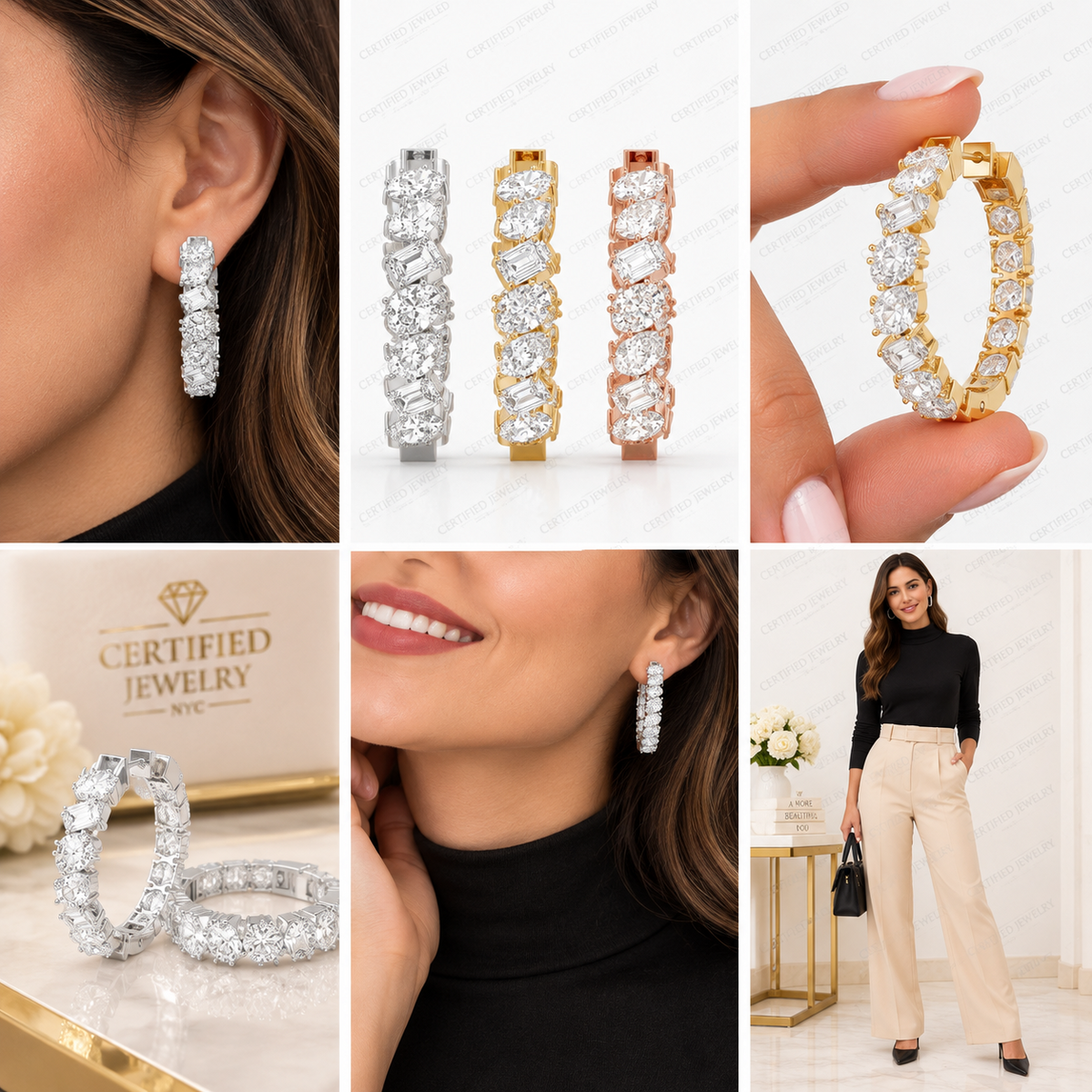 5CT Mixed Shape Lab Grown Diamond Inside Out Hoop Earrings 14K Gold