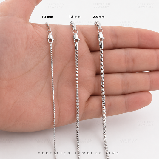 14K Solid White Gold Round Box Chain Necklace 1.3mm 2.5mm Pendant Chain