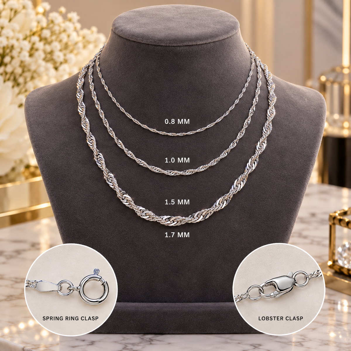 10K Solid White Gold Singapore Chain Necklace 0.8MM 1.7MM Pendant Chain