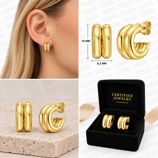 14K Solid Yellow Gold Puffed Double Row C Hoop Earrings Polished Push Back