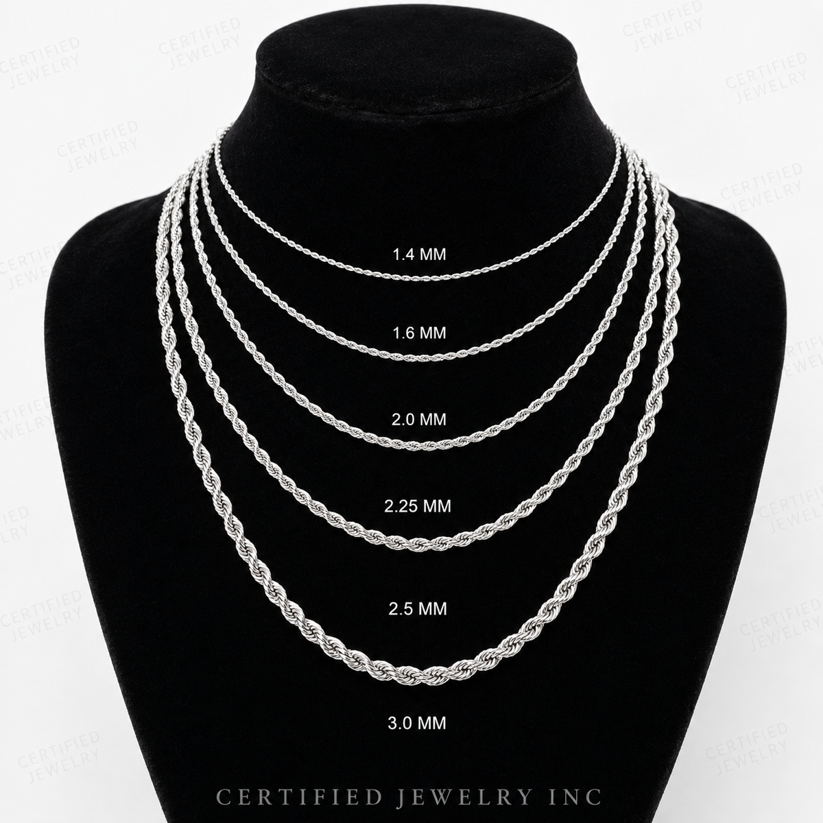 14K Solid White Gold Diamond Cut Royal Rope Chain Necklace 1.4mm 3.0mm
