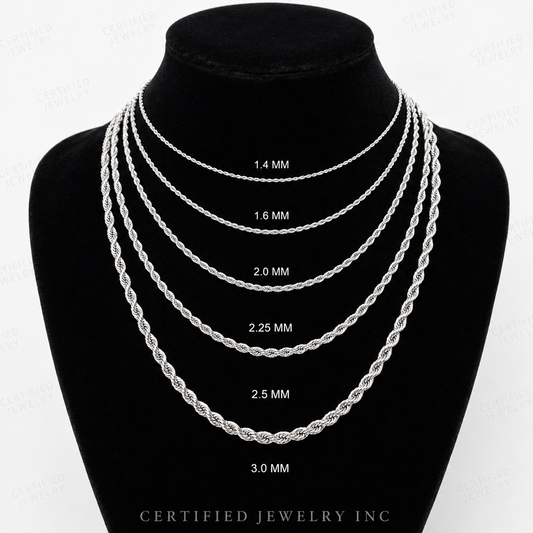 14K Solid White Gold Diamond Cut Royal Rope Chain Necklace 1.4mm 3.0mm