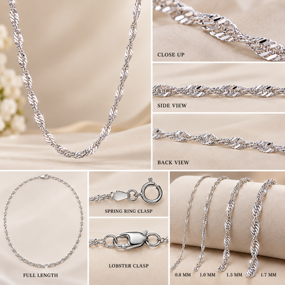 10K Solid White Gold Singapore Chain Necklace 0.8MM 1.7MM Pendant Chain