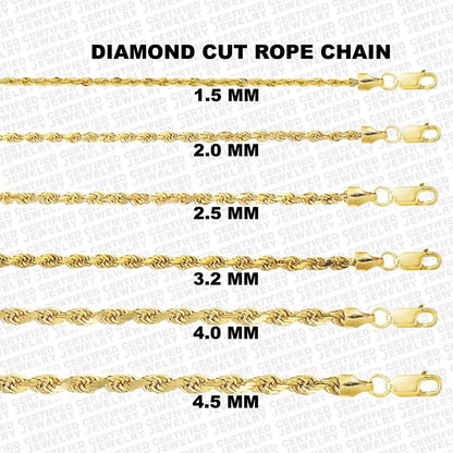 10K Solid Yellow Gold Diamond Cut Rope Chain Necklace 1.5MM 4MM Lobster Clasp