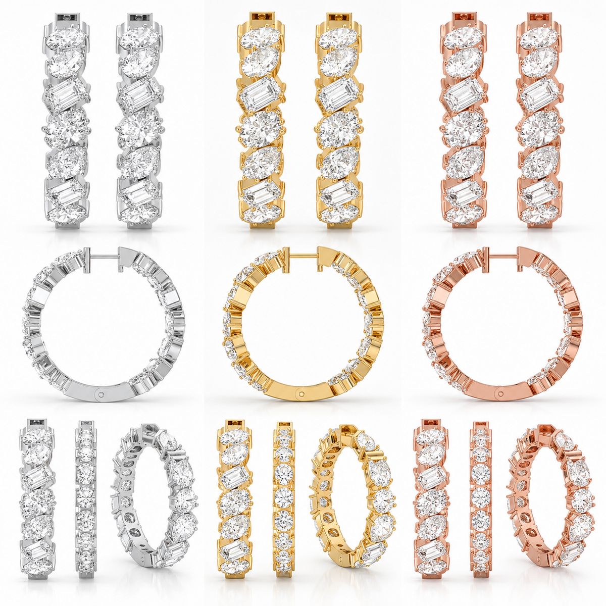 5CT Mixed Shape Lab Grown Diamond Inside Out Hoop Earrings 14K Gold