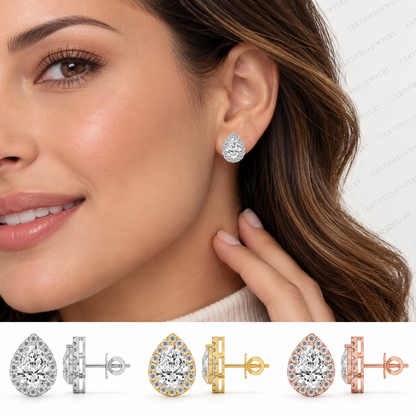 4CT Pear Lab Grown Diamond Halo Stud Earrings 14K Gold Certified