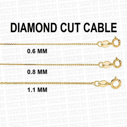 14K Solid Yellow Gold Diamond Cut Cable Link Chain Necklace 0.6MM 1.1MM