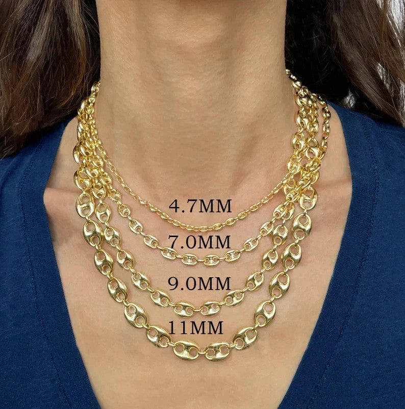 Solid 14K Yellow Gold Puffed Mariner Chain Necklace Italian Lobster Clasp 18" 22