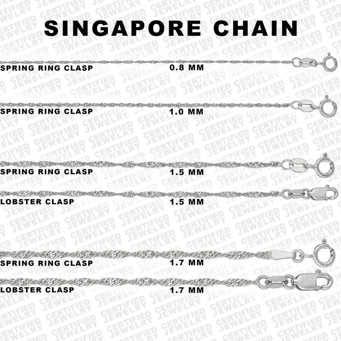 10K Solid White Gold Singapore Chain Necklace 0.8MM 1.7MM Pendant Chain