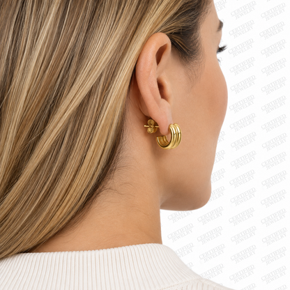 14K Solid Yellow Gold Puffed Double Row C Hoop Earrings Push Back Polished