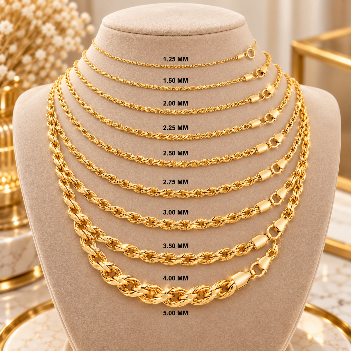 10K Solid Yellow Gold Diamond Cut Rope Chain Necklace 1.25MM 5MM Italy