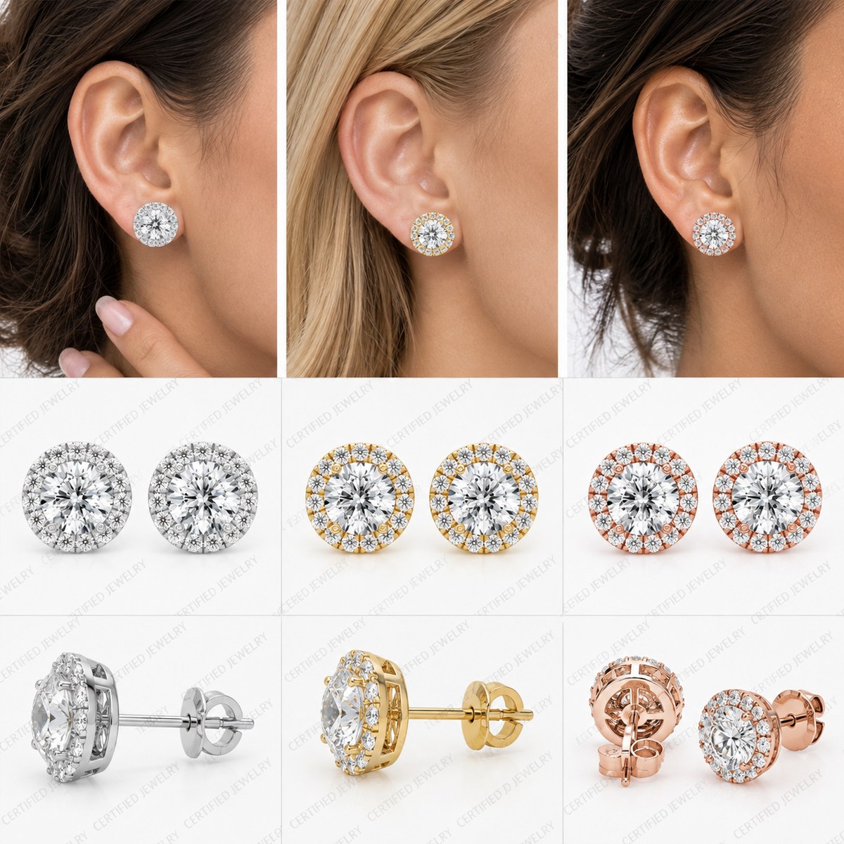 4CT Round Lab Grown Diamond Halo Stud Earrings 14K Gold Certified