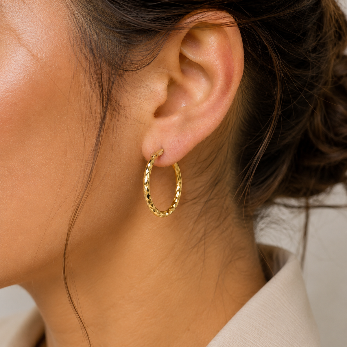 14K Solid Gold Diamond Cut Hoop Earrings Real Gold Textured Hoops Women