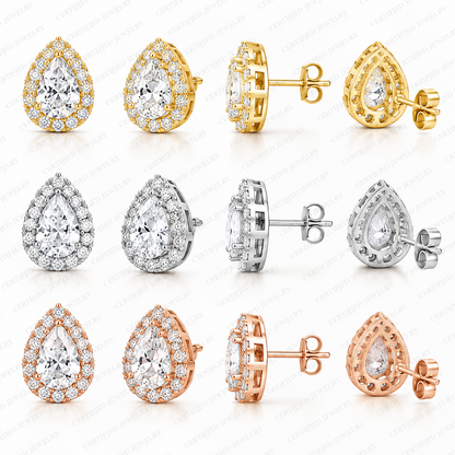 4CT Pear Lab Grown Diamond Halo Stud Earrings 14K Gold Certified