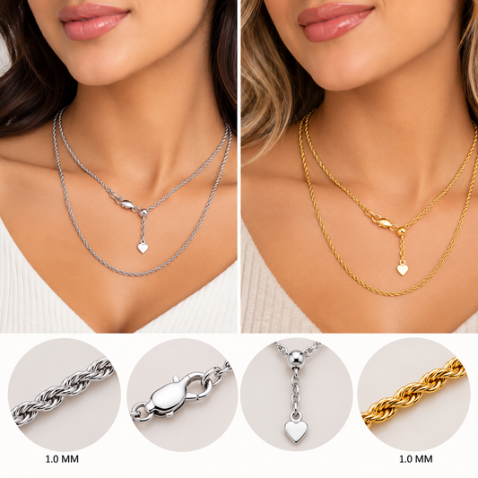 10K Solid Yellow or White Gold Adjustable Rope Chain Necklace 1.0MM 22"