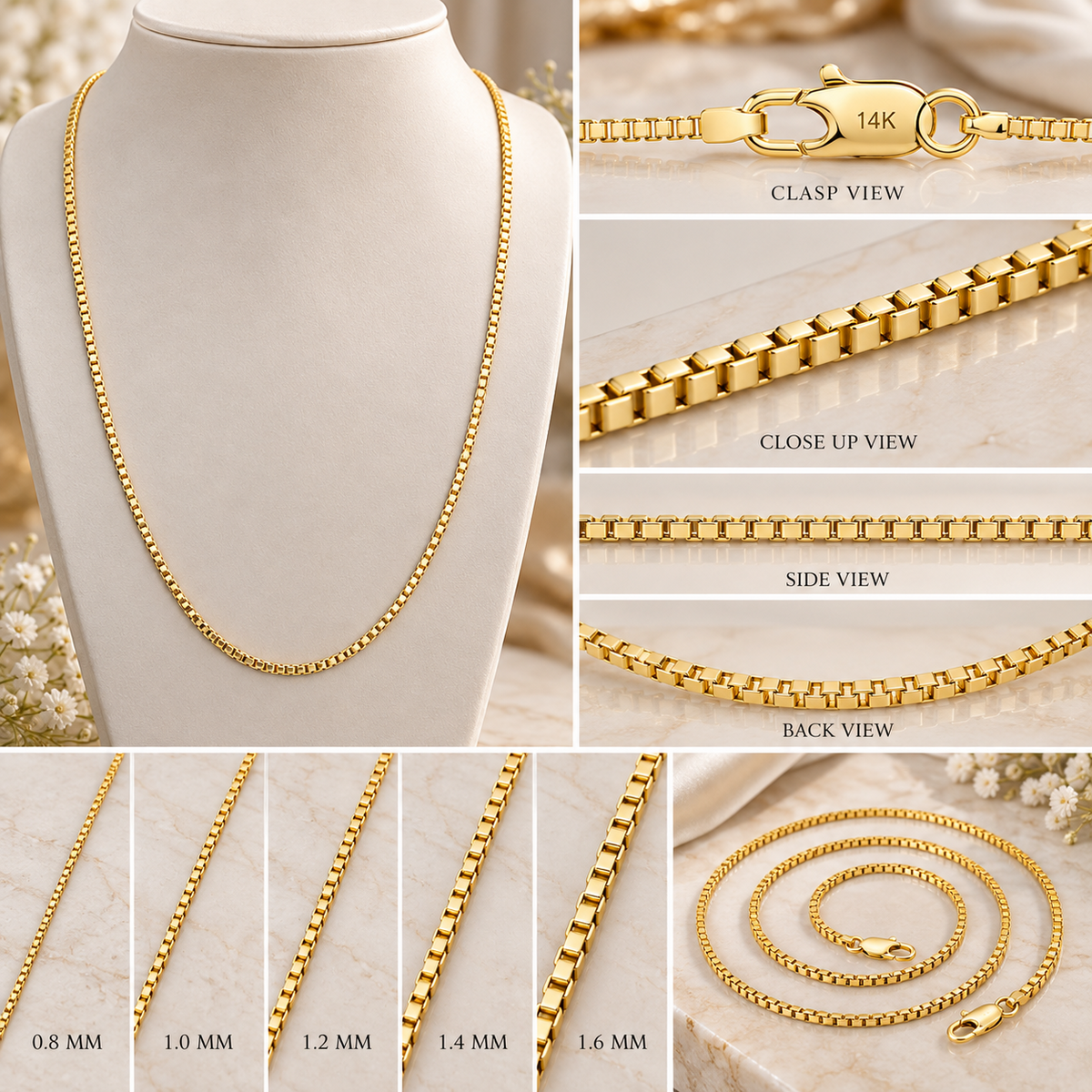 14K Solid Yellow Gold Box Chain Necklace 0.8MM 1.6MM Lobster Clasp