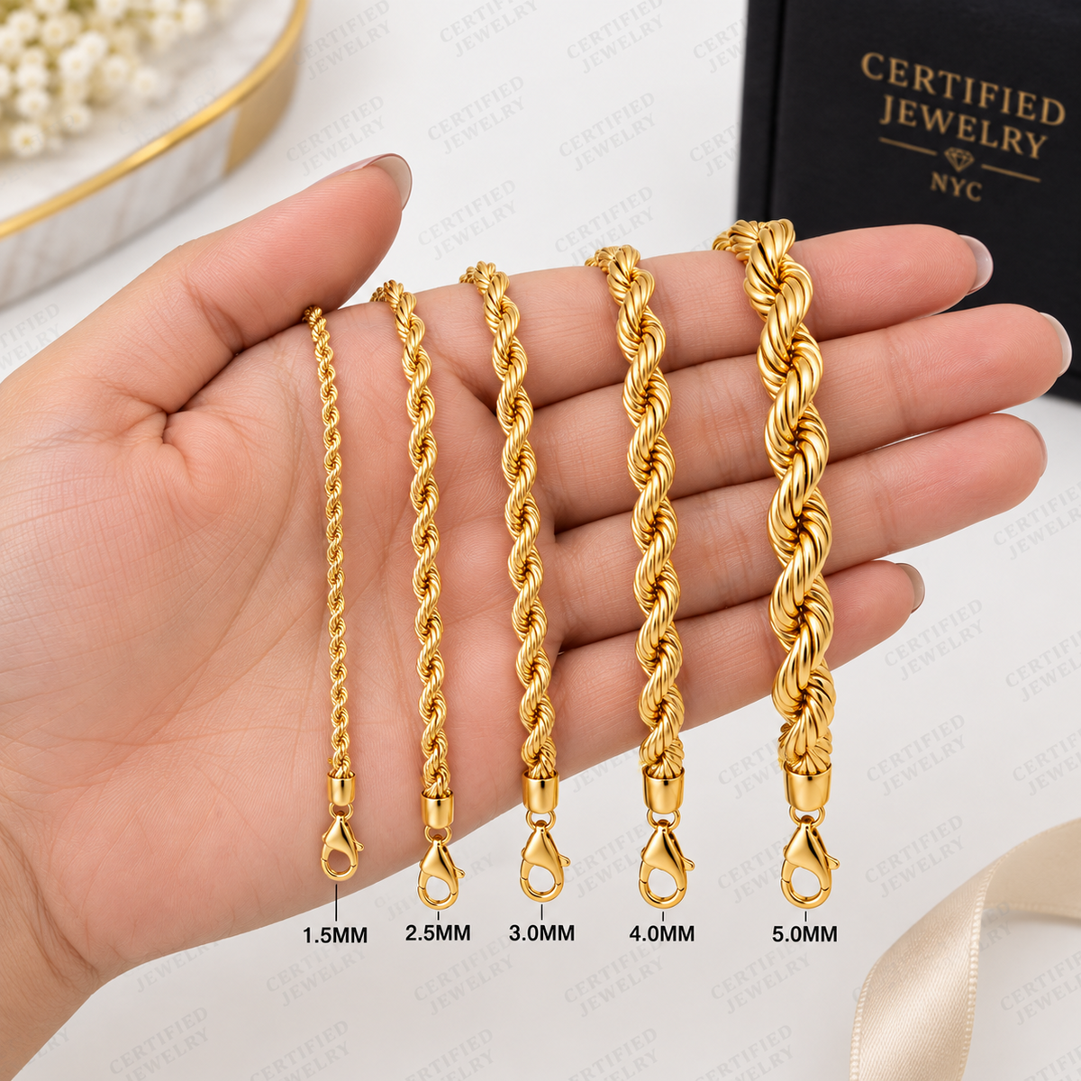 14K Solid Yellow Gold Diamond Cut Rope Bracelet 1.5mm 5mm Lobster Clasp