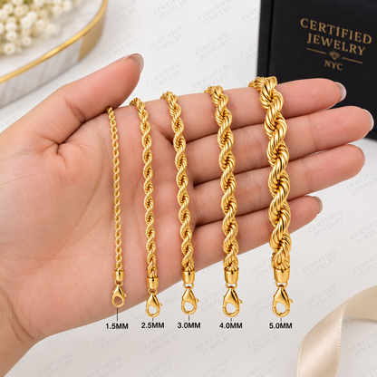 14K Solid Yellow Gold Diamond Cut Rope Bracelet 1.5mm 5mm Lobster Clasp