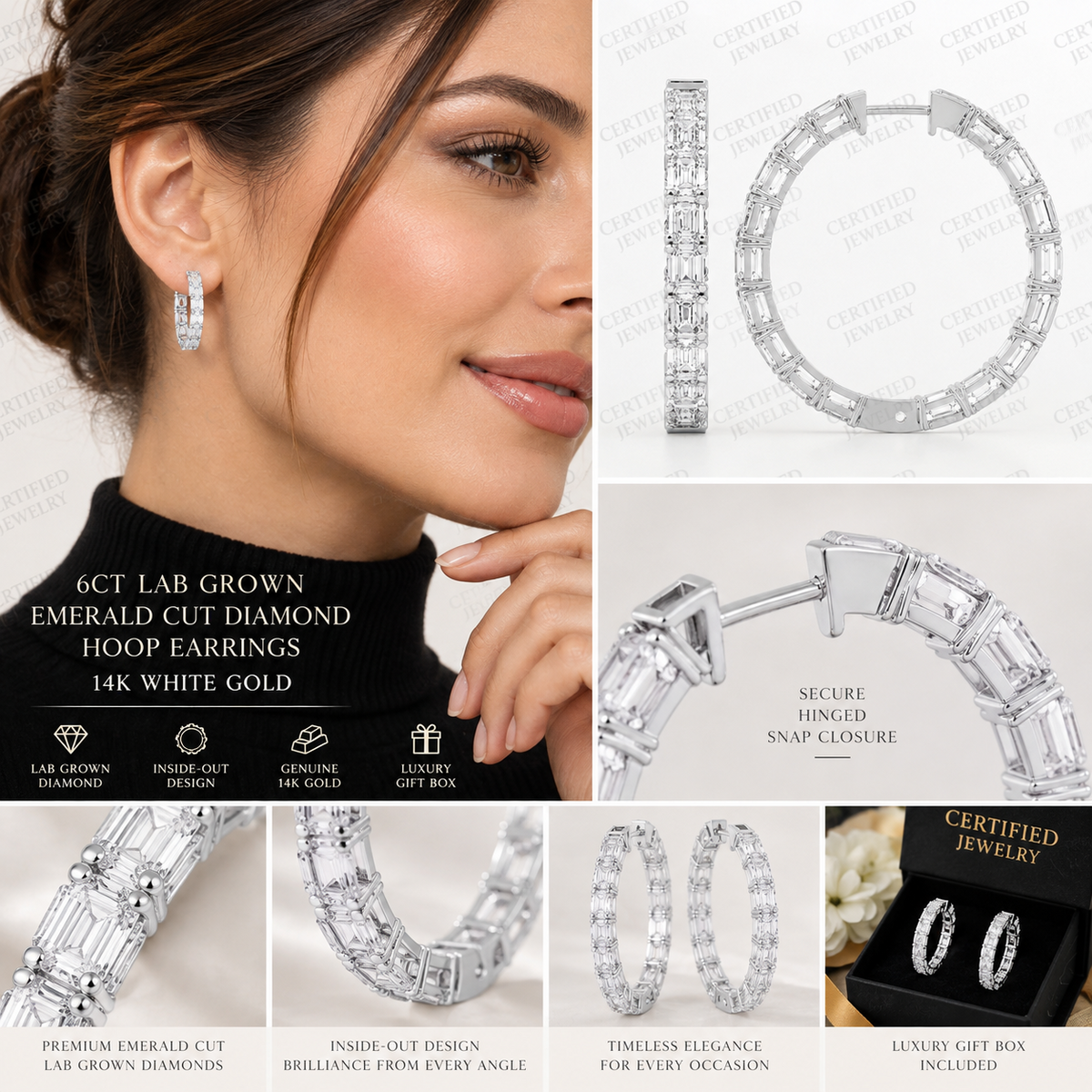 6CT Lab Grown Emerald Cut Diamond Inside Out Hoop Earrings 14K White Gold