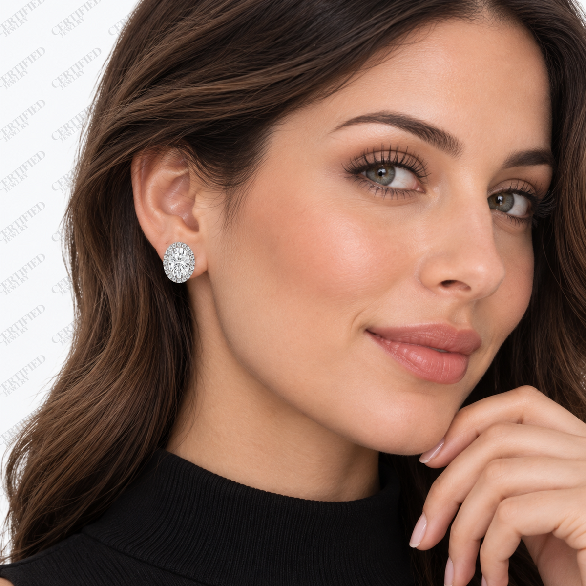 4CT Oval Lab Grown Diamond Halo Stud Earrings 14K Gold Certified