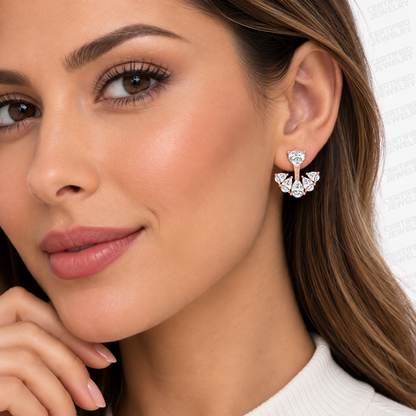 4CT Lab Grown Heart Pear Diamond Ear Jackets 14K Gold Green Glam