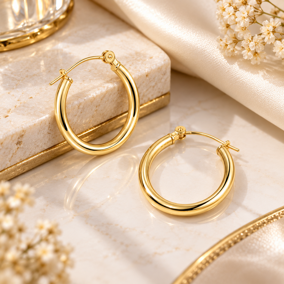 14K Solid Gold Classic Hoop Earrings 20MM 2MM Clip On Hypoallergenic