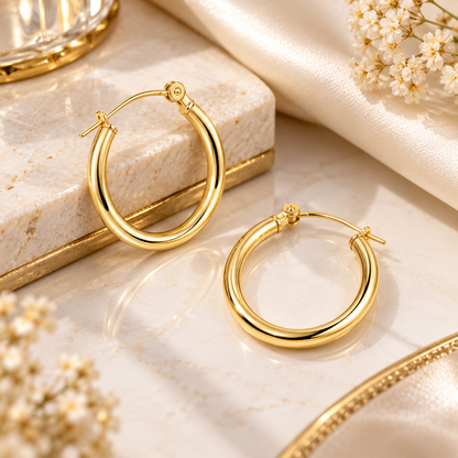 14K Solid Gold Classic Hoop Earrings 20MM 2MM Clip On Hypoallergenic
