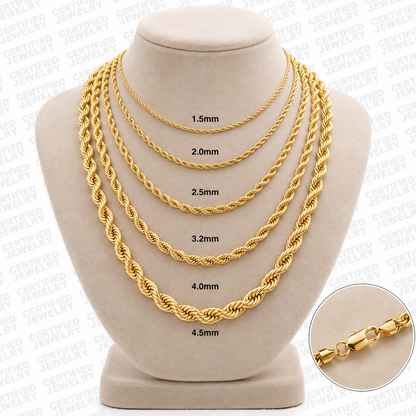 14K Solid Yellow Gold Rope Chain Necklace 1.5mm 5mm Lobster Clasp